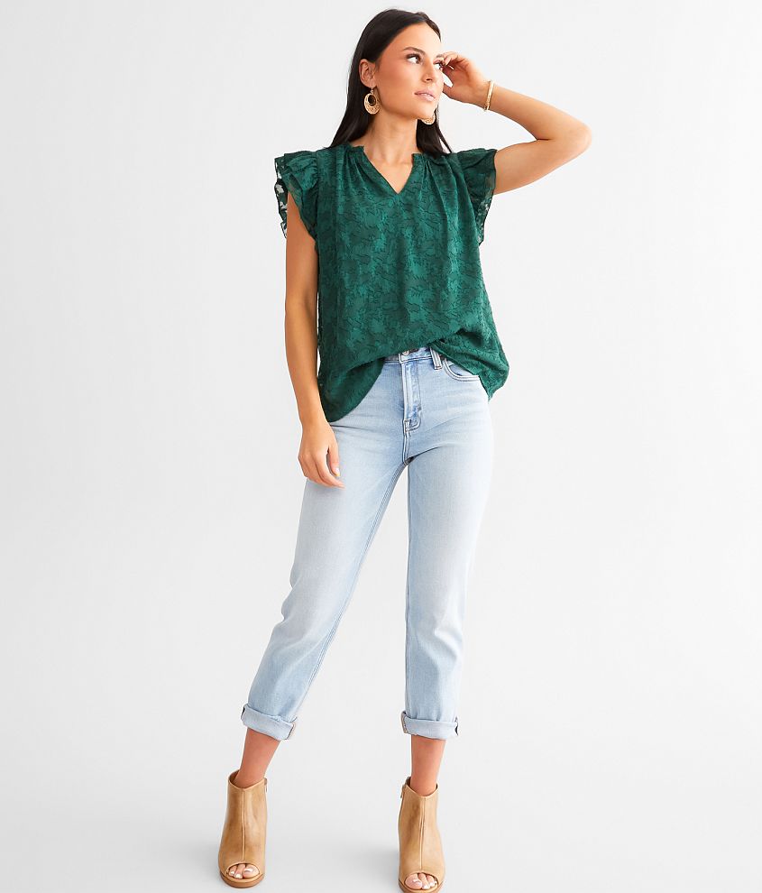 Willow &#38; Root Jacquard Ruffle Top front view