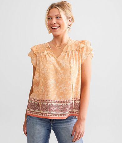 Daytrip Floral Print Flutter Sleeve Top front view