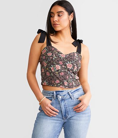 Willow & Root Floral Mesh Corset Cropped Tank Top front view