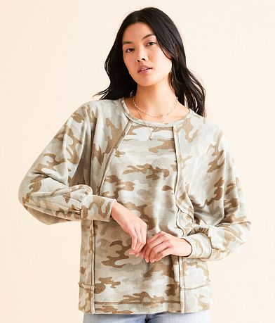BKE Pieced Camo Print Top front view