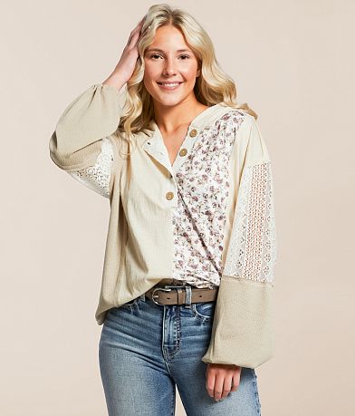 Daytrip Mixed Knit Henley Hoodie front view