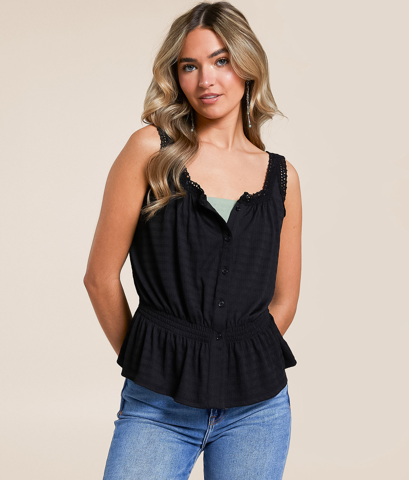 Daytrip Crochet Trim Peplum Tank Top - Women's Tank Tops in Black