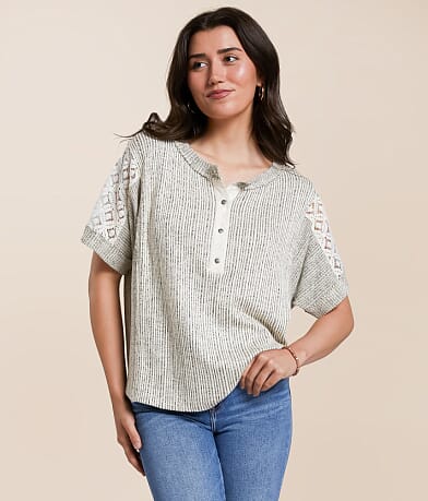 Daytrip Pieced Lace Henley front view