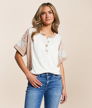 Daytrip Pieced Floral Lace Henley front view