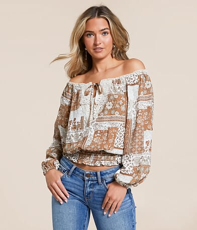 Daytrip Patchwork Off The Shoulder Top front view