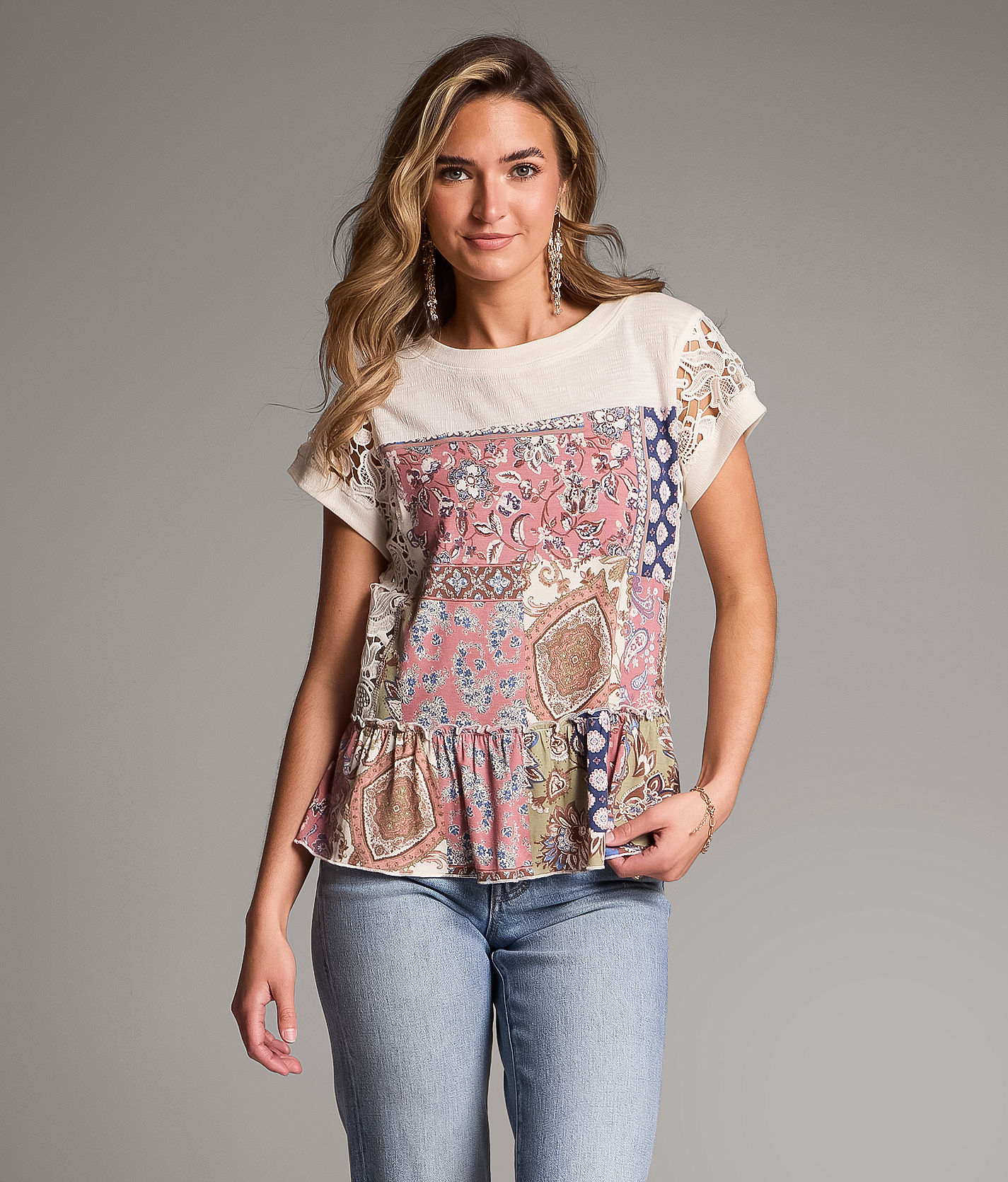 BKE Patchwork Ruffle Top - Women's Shirts & Blouses in Multi | Buckle