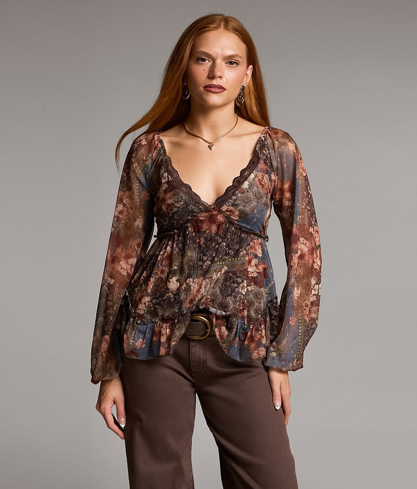 Floral Mesh Ruffle Top