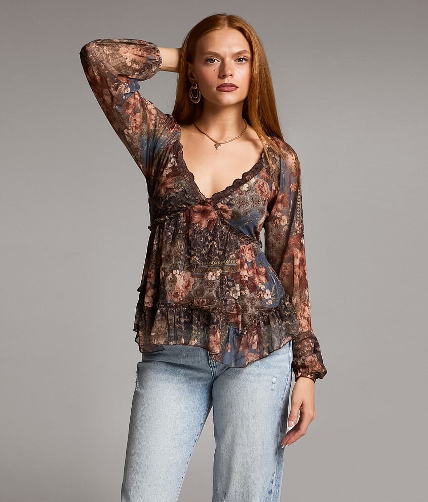 Floral Mesh Ruffle Top