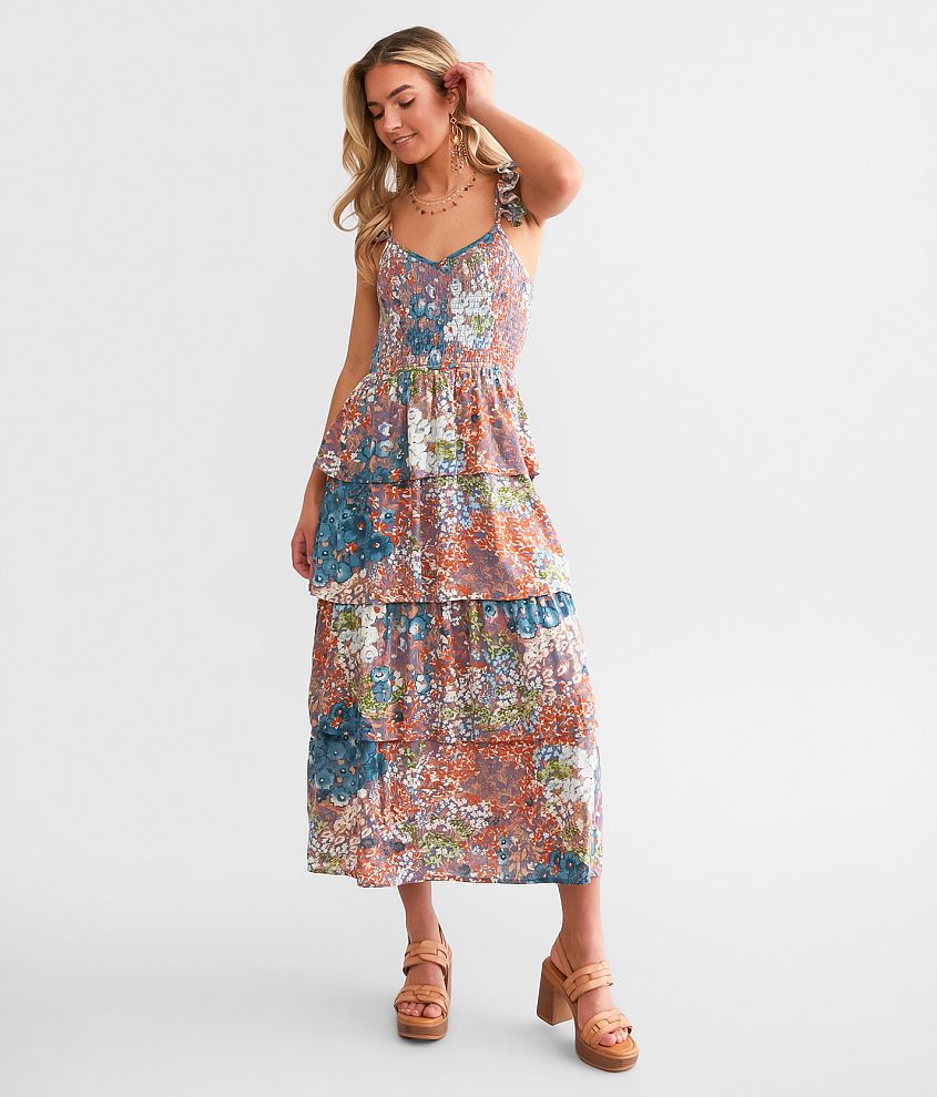 Willow &#38; Root Metallic Floral Tiered Maxi Dress front view