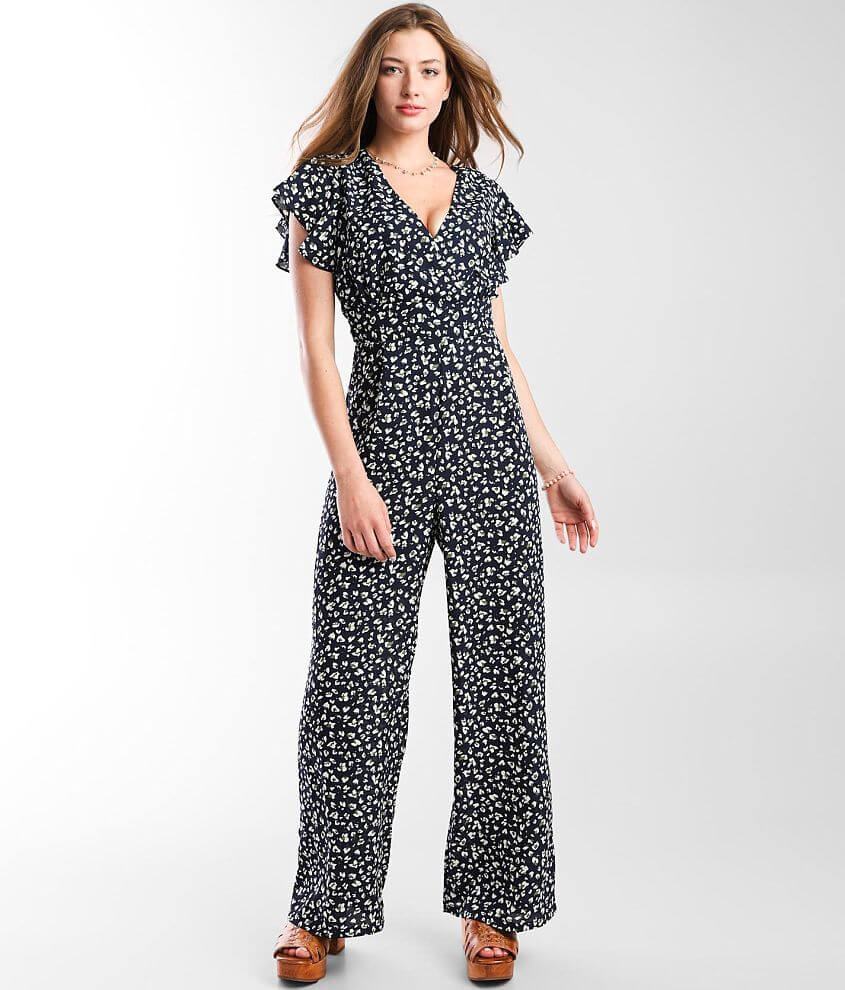 Bailey Blue Animal Print Surplice Jumpsuit Women s Rompers Jumpsuits in Navy Ivory Moss Buckle