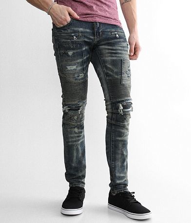 Ripped Biker Jeans for Men, Straight Leg Slim Fit Destroyed Stretch  Motorcycle Denim Pants Fashion Buckle Punk Jeans(Black,Small) at   Men's Clothing store