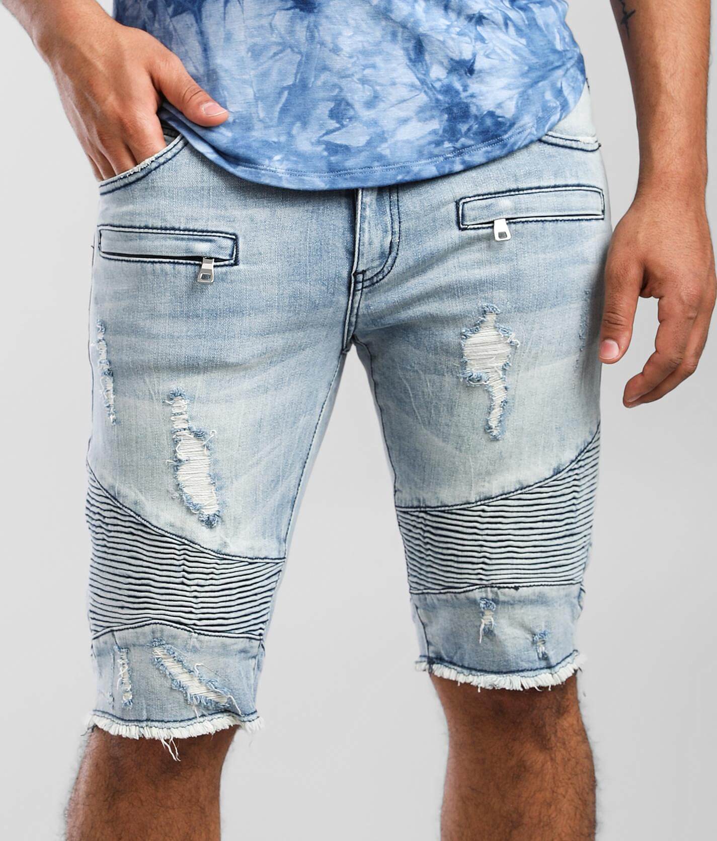 mens denim moto shorts