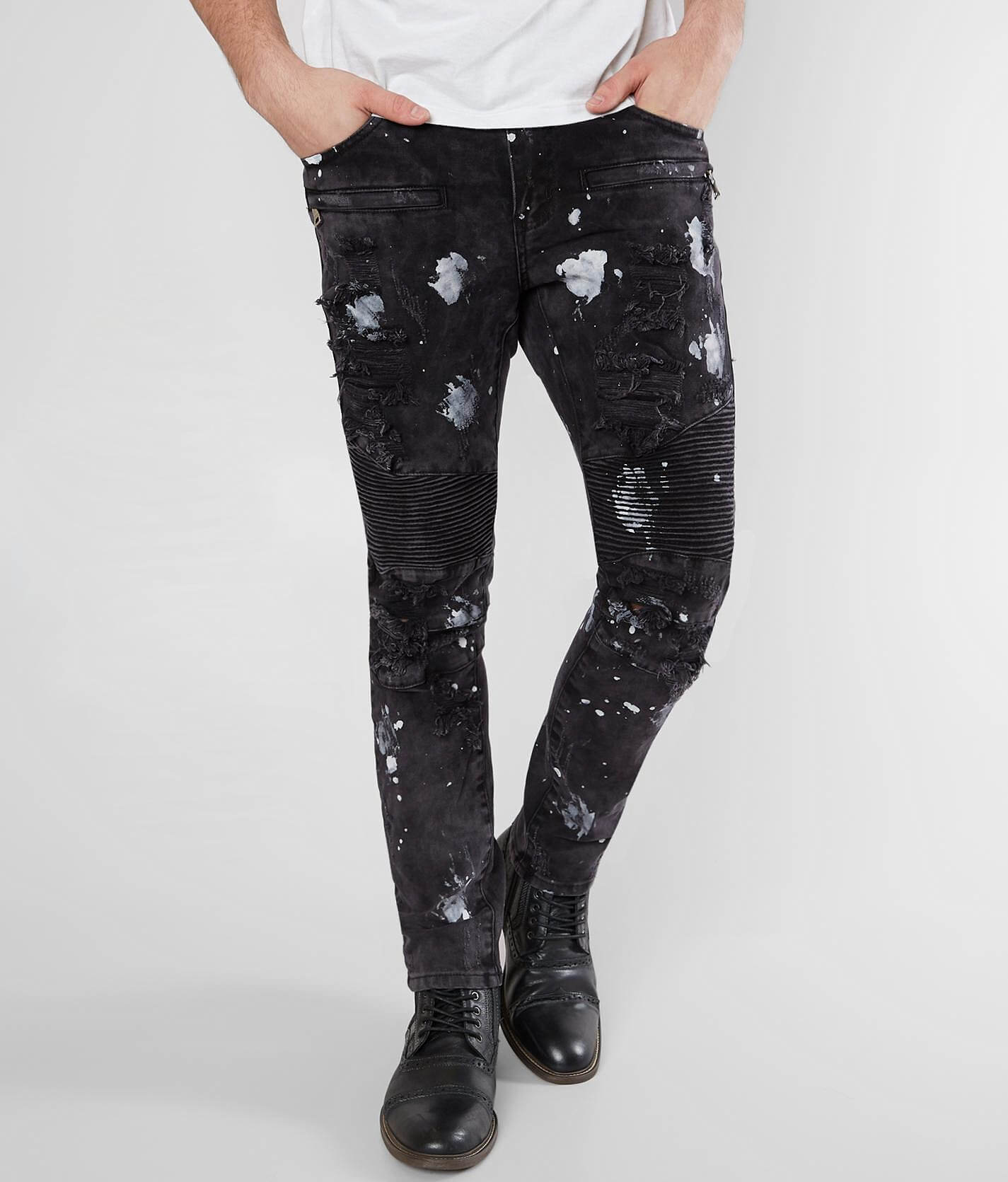 biker jeans with paint splatter