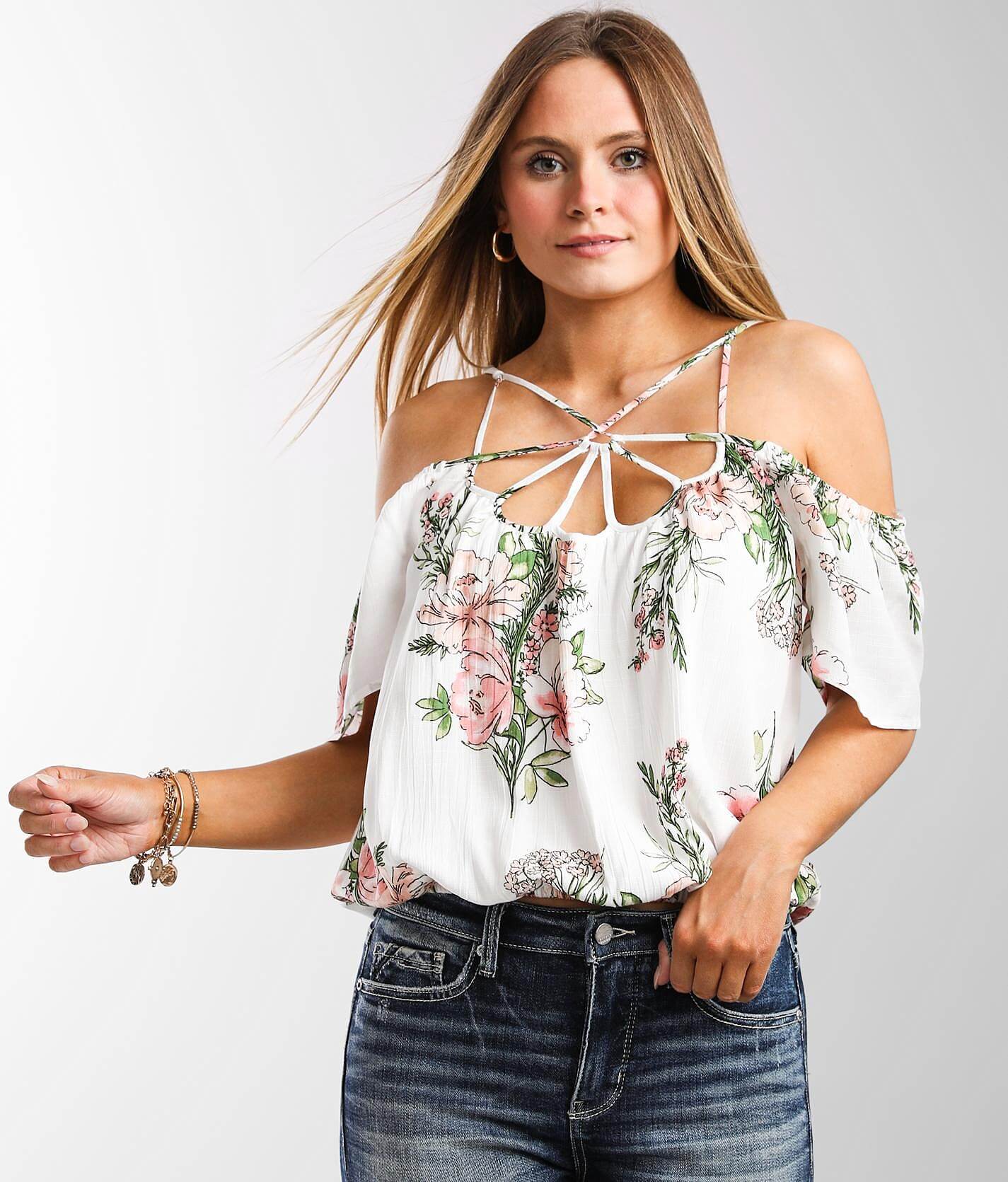 floral cold shoulder shirts & tops