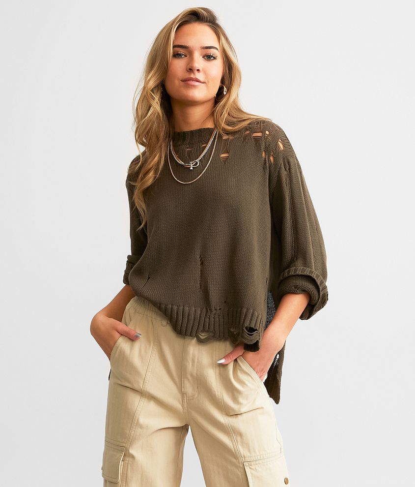 Dance & Marvel Destructed Sweater Women's Sweaters in Olive Green