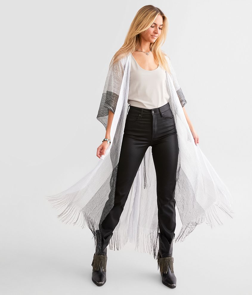 Davi & Dani Metallic Striped Fringe Kimono - One Size