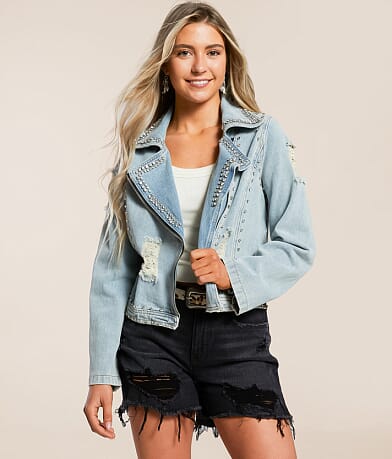 Davi & Dani Rhinestone Studded Denim Jacket front view