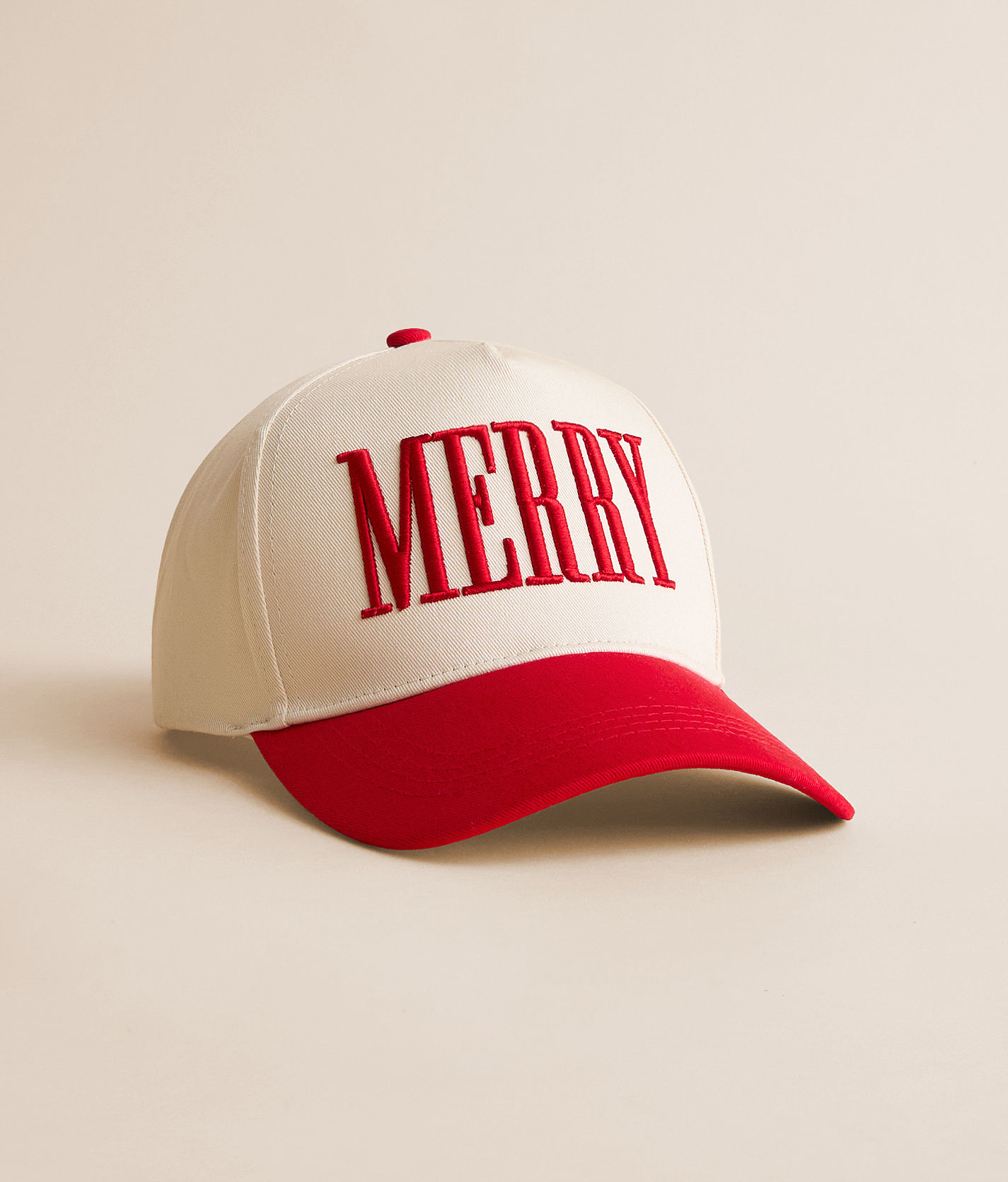 Beige Cap with Red \'MERRY\' Embroidery Merry Chirstmas Embroidered Big Size Washed Pigment Dyed Cap  main image 2