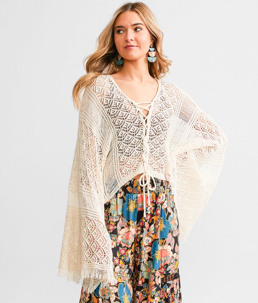 Willow &#38; Root Pointelle Fringe Cropped Sweater front view