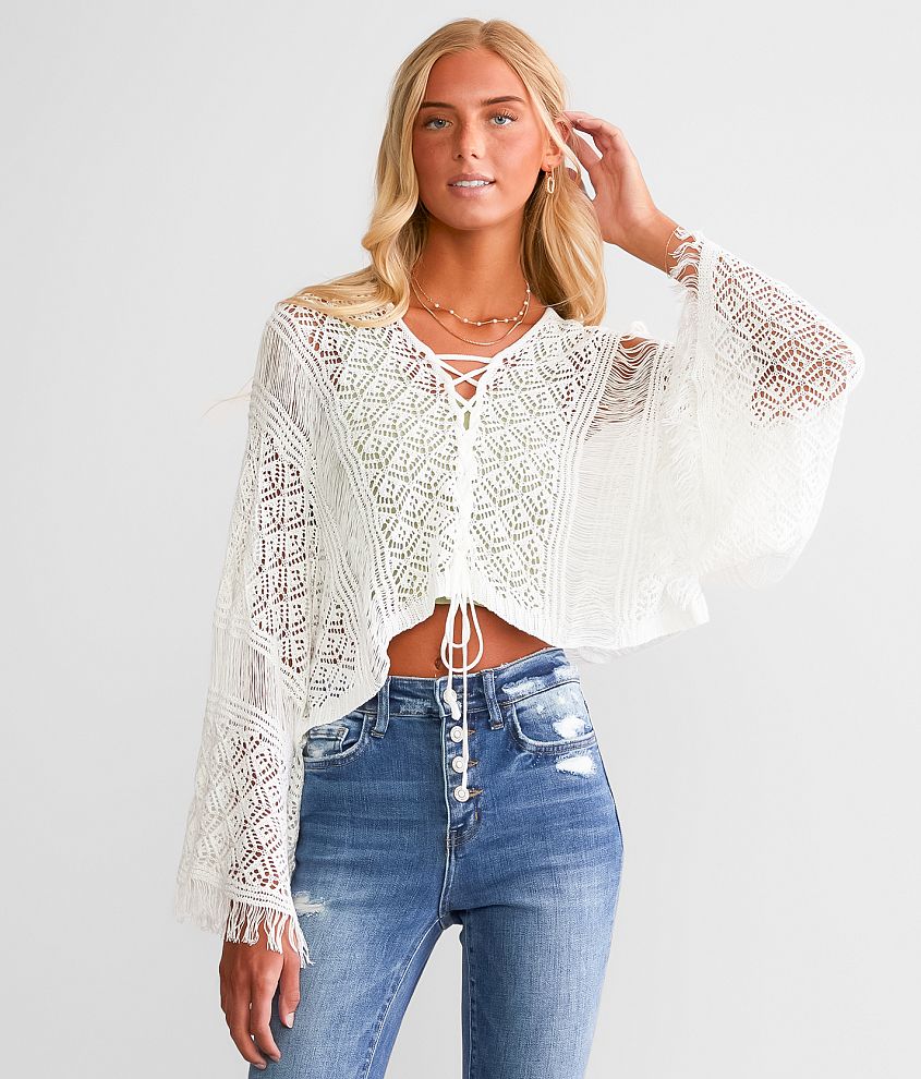 Willow &#38; Root Pointelle Fringe Cropped Sweater front view