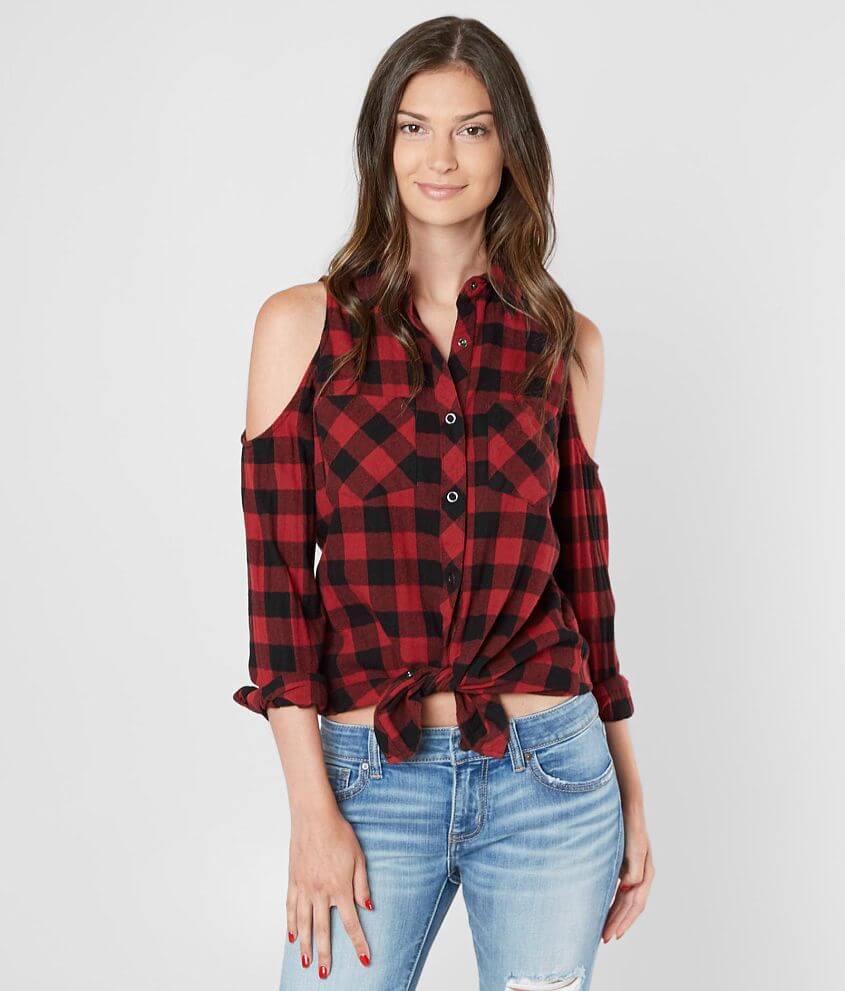 BKE Lace-Up Back Woven Flannel Shirt front view