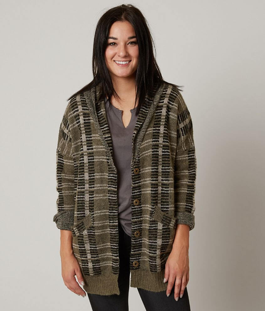 Gilded Intent Plaid Cardigan Sweater front view