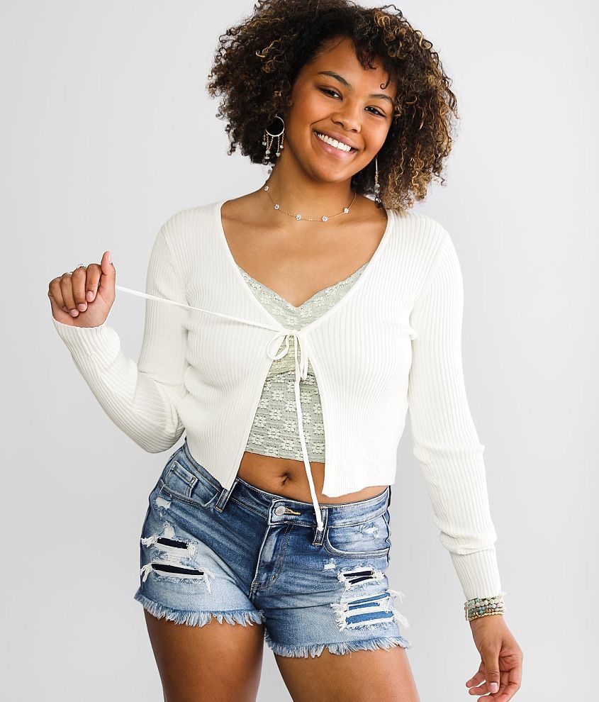 Love Tree Front Tie Cropped Cardigan Sweater - Women's Sweaters in Off  White