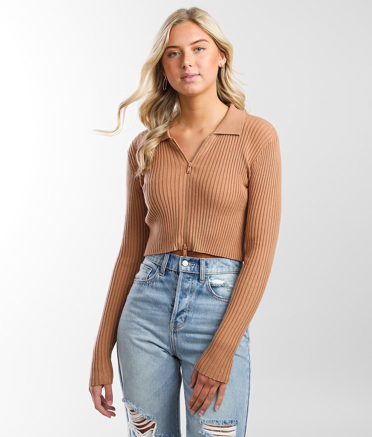 Love Tree Zip Front Crop Top - Brown Large