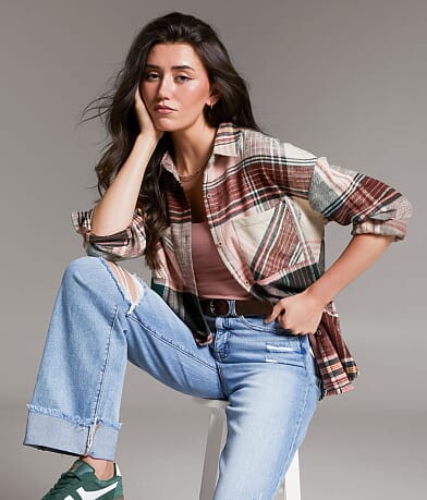 BKE Boyfriend Plaid Flannel Shirt front view
