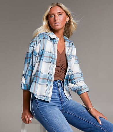 BKE Flannel Cropped Shirt front view
