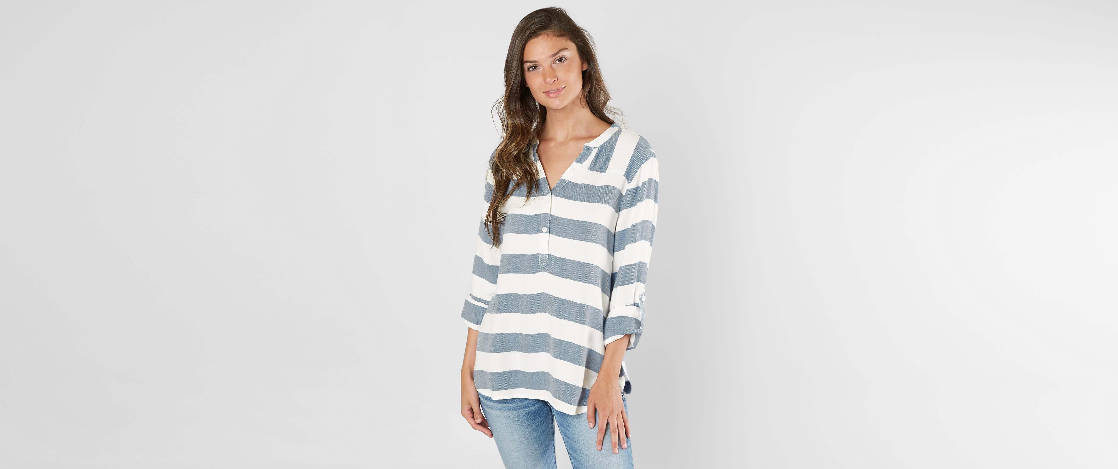 Striped Drop Shoulder Long Sleeve Henley Top