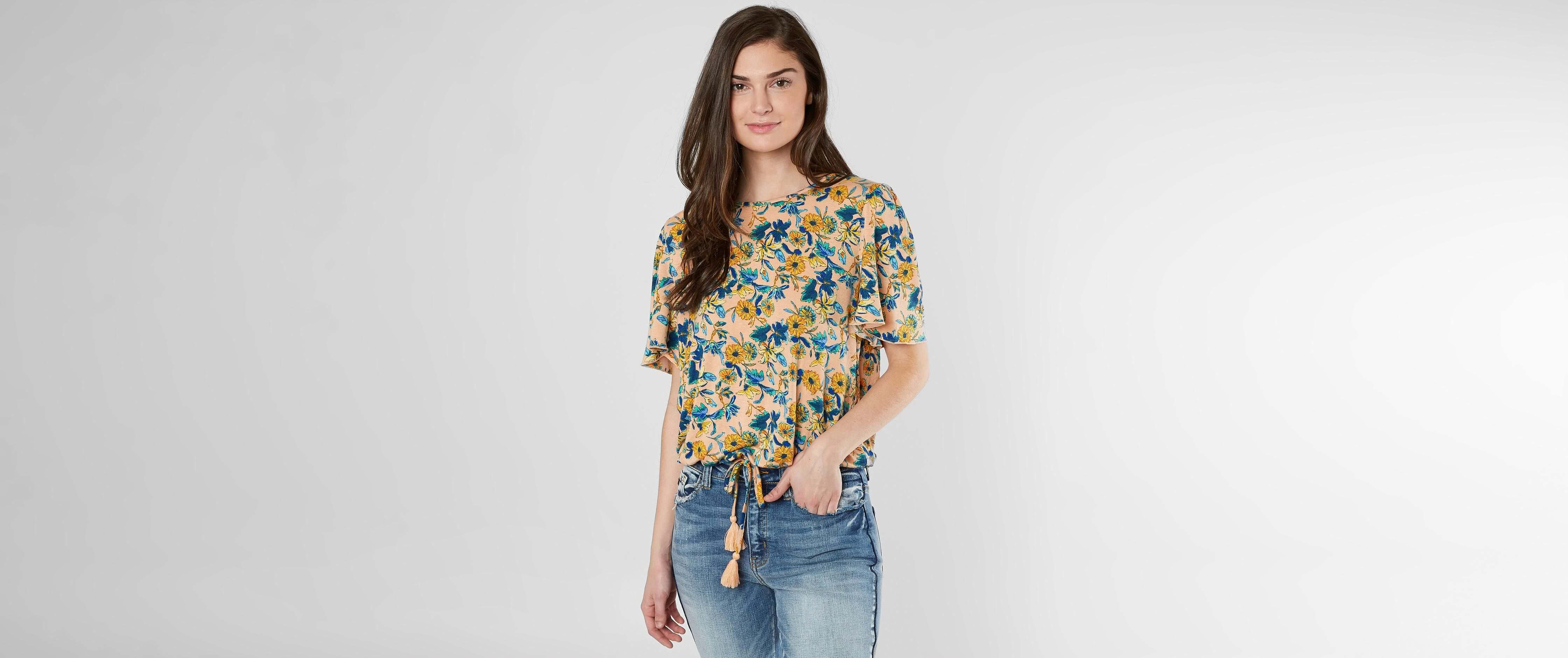 Daytrip Floral Open Back Top Women's Shirts/Blouses in Coral Buckle
