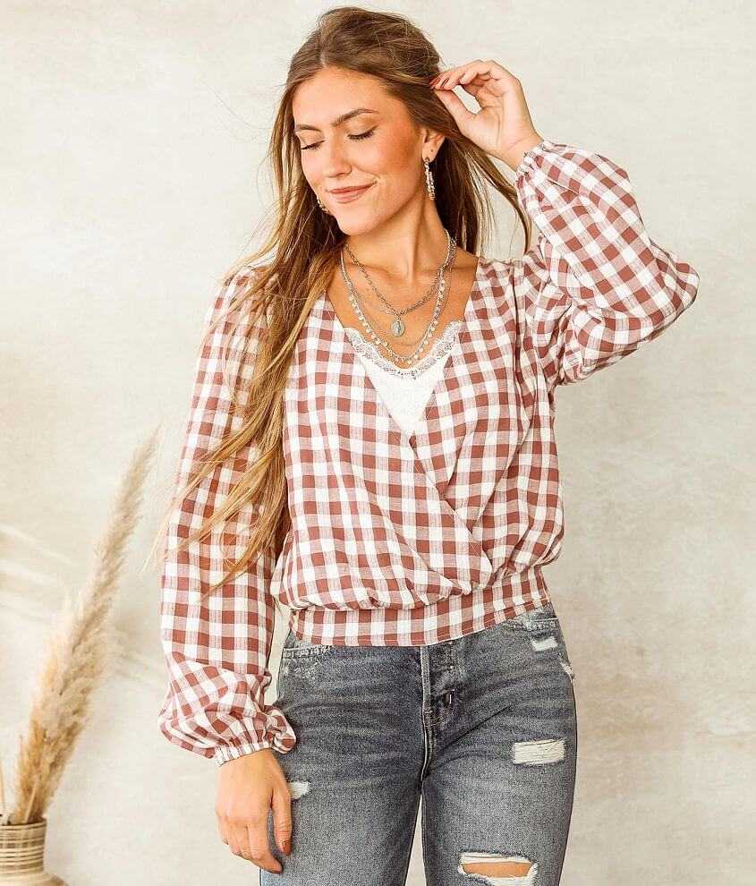 Willow & Root Gingham Surplice Top Women's Shirts/Blouses in Red
