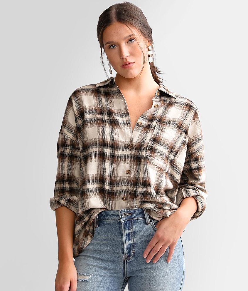 BKE Brushed Knit Flannel Shirt Women's Shirts/Blouses in Black Tan