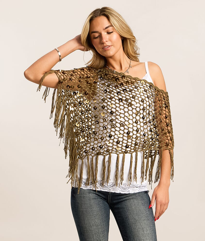 Dizzy Lizzy Sequin Fringe Sweater Poncho - Women's Sweaters in