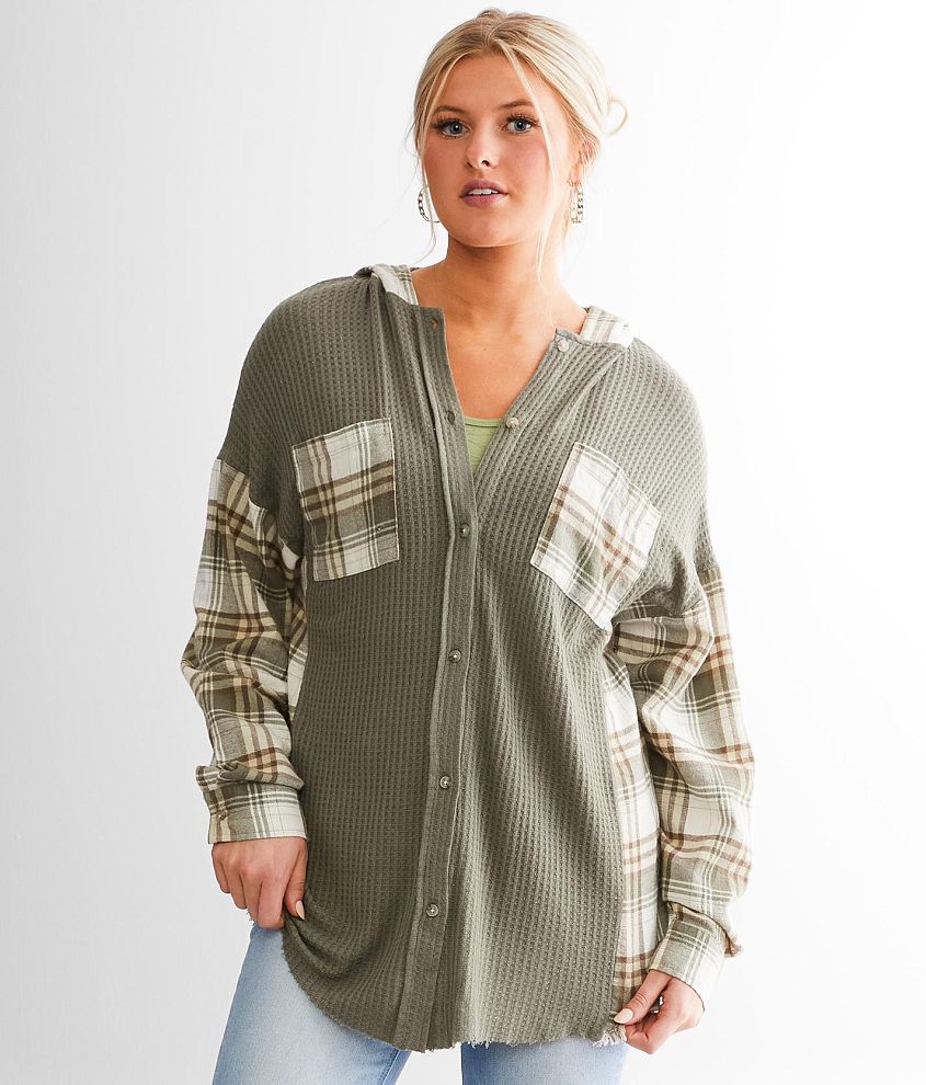 BKE Hooded Plaid Shirt front view
