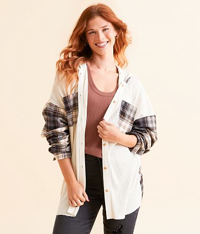 BKE Pieced Plaid Hooded Shirt front view