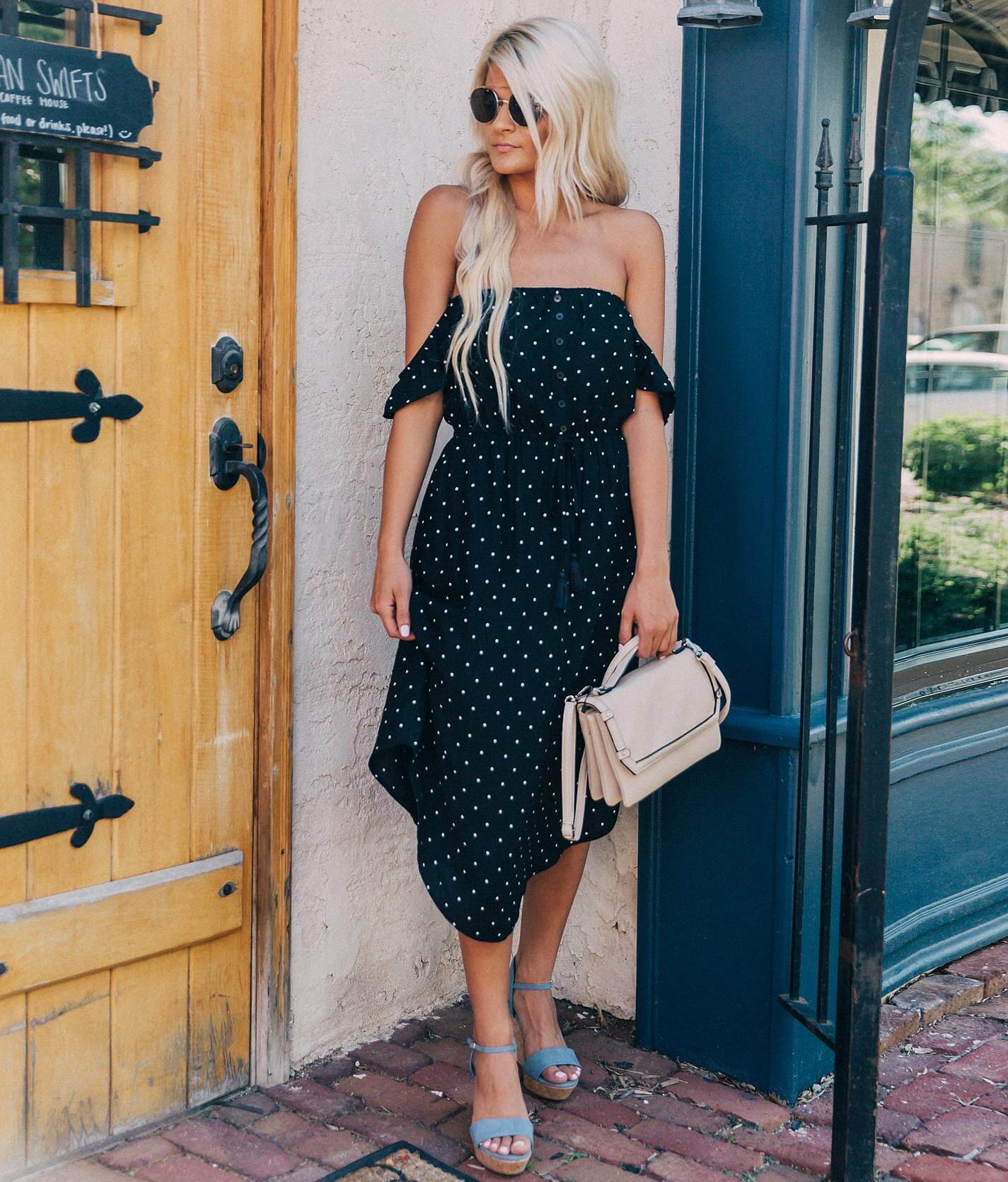 black and white polka dot midi dress