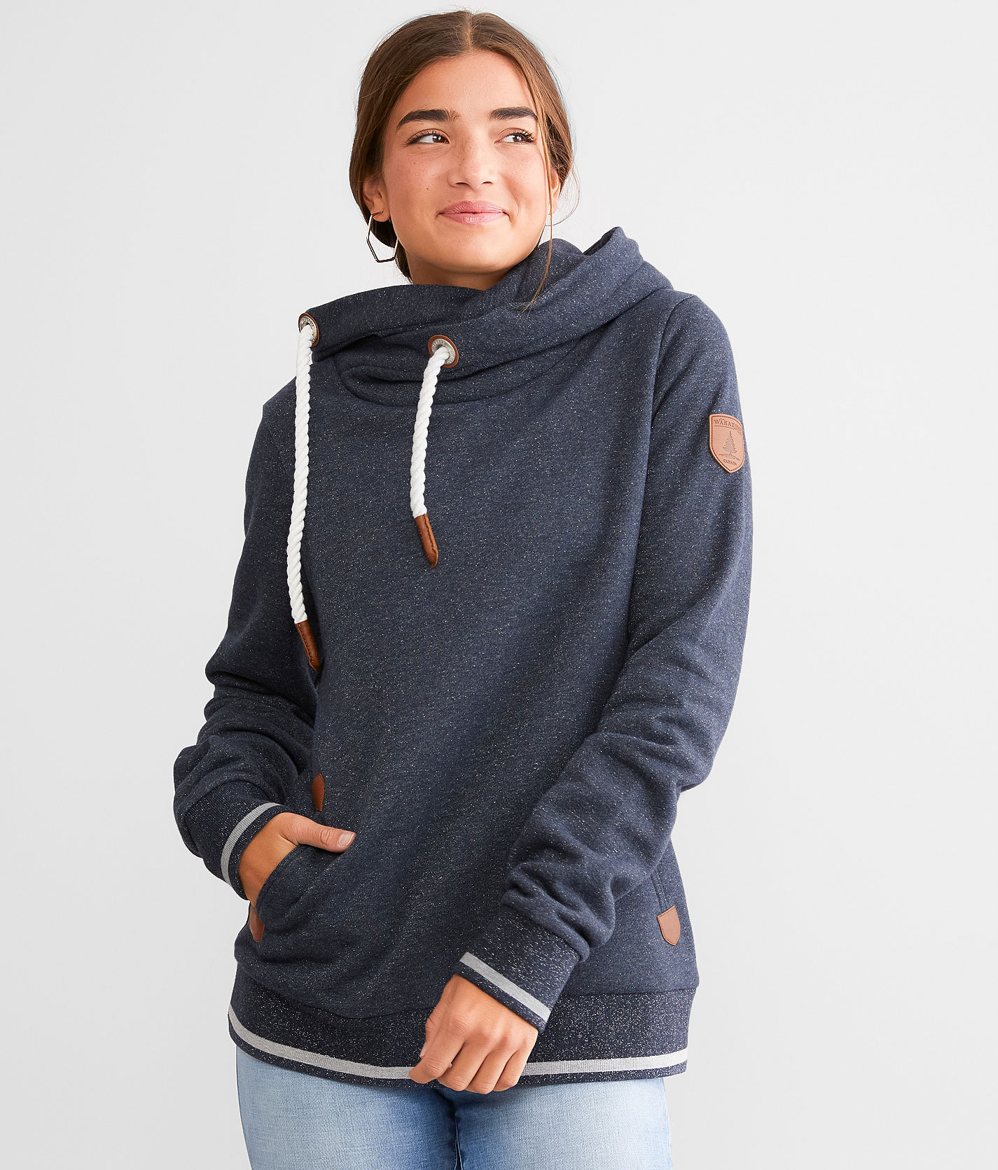 Wanakome Lurex Cowl Neck Hooded Sweatshirt - Women's Sweatshirts in Navy  Heather