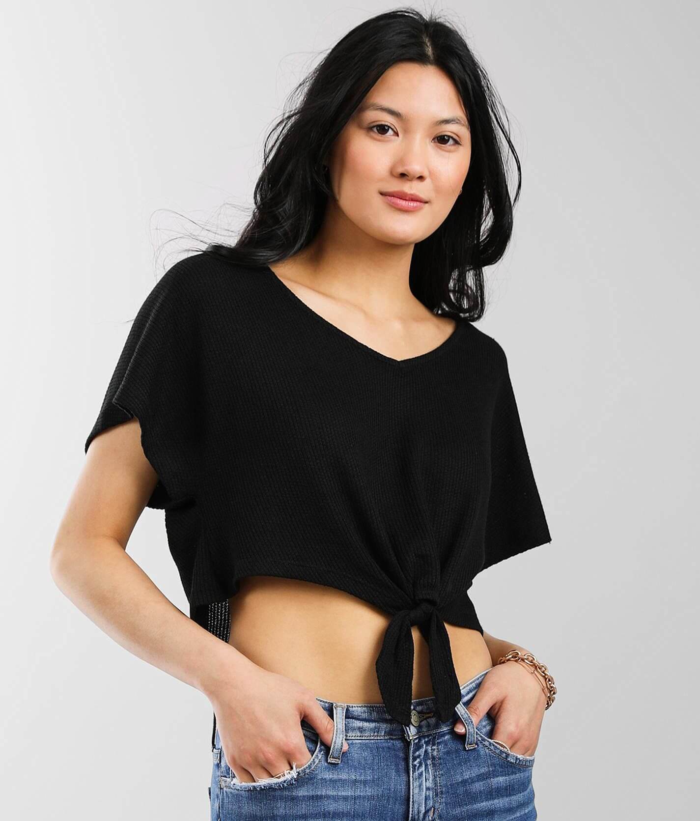 Double Zero Front Tie Cropped Top - Women's Shirts & Blouses in