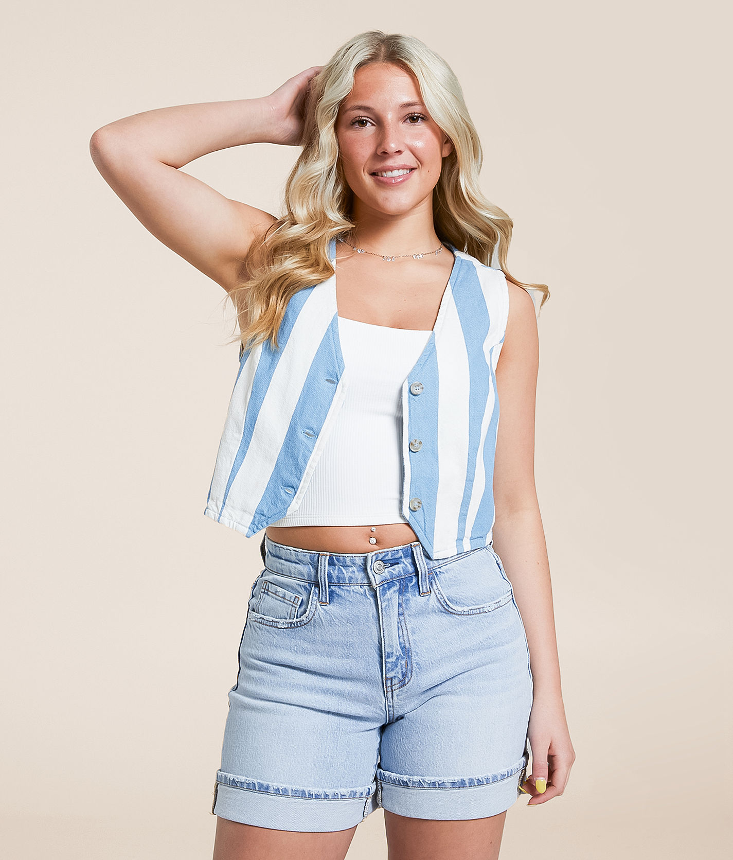 Double Zero Striped Denim Cropped Vest - Women's Coats & Jackets