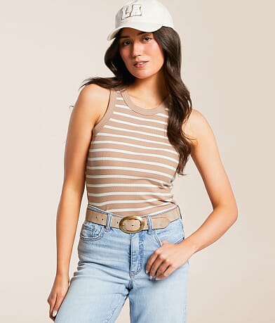 Double Zero Striped High Neck Tank Top front view