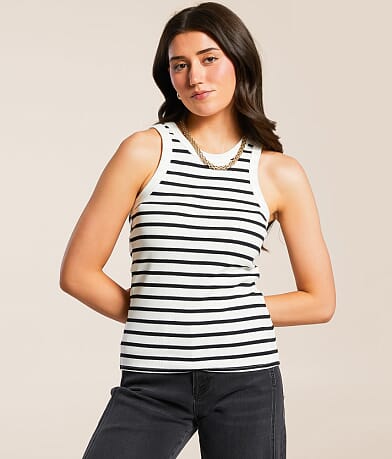 Double Zero Striped High Neck Tank Top front view