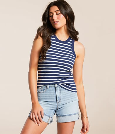 Double Zero Striped High Neck Tank Top front view
