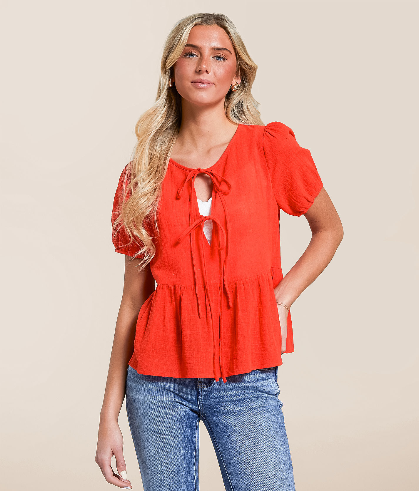 Hyfve Front Tie Peplum Top - Women's Shirts & Blouses in Red