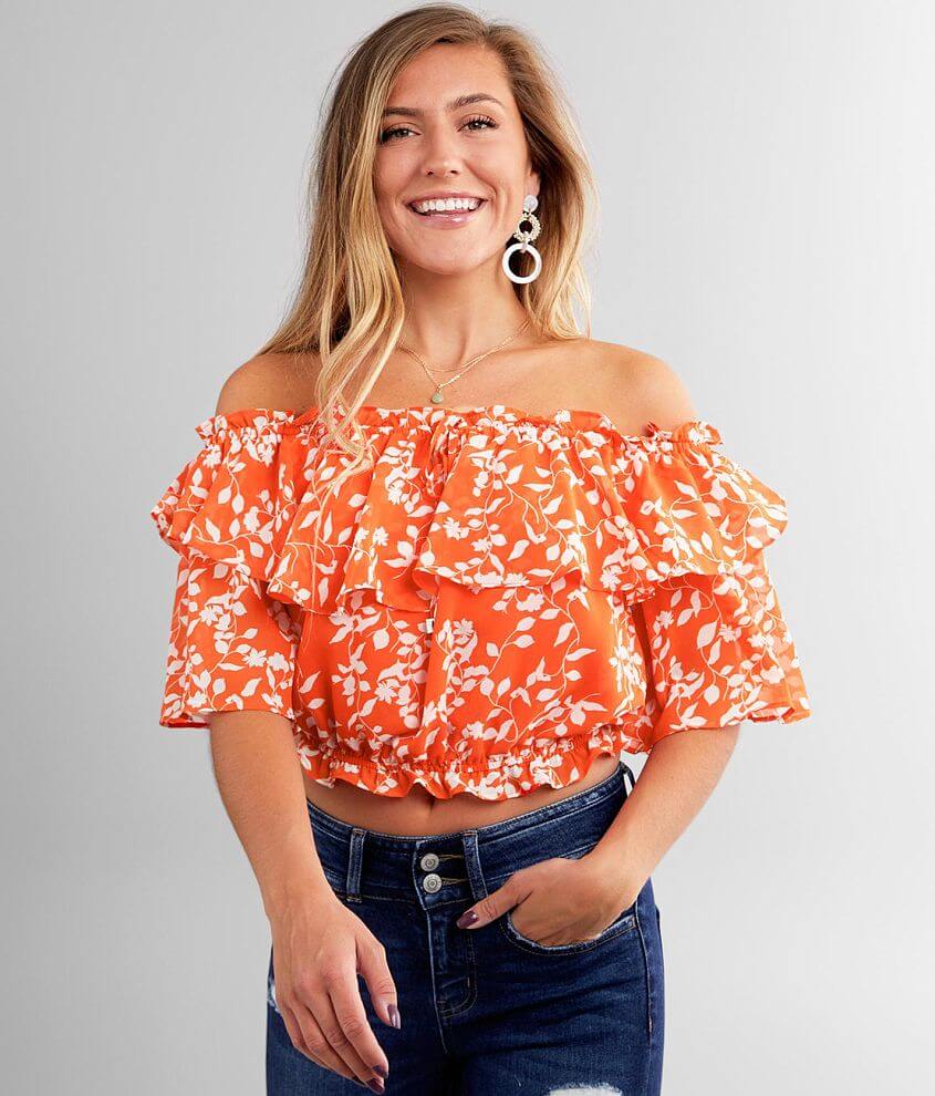 FAVLUX Chiffon Off The Shoulder Ruffle Top front view