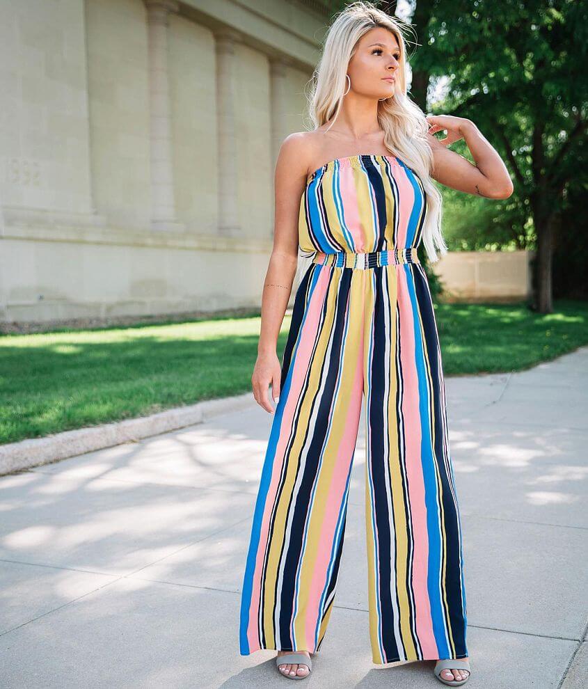 Strapless Striped Wide Leg Jumpsuit