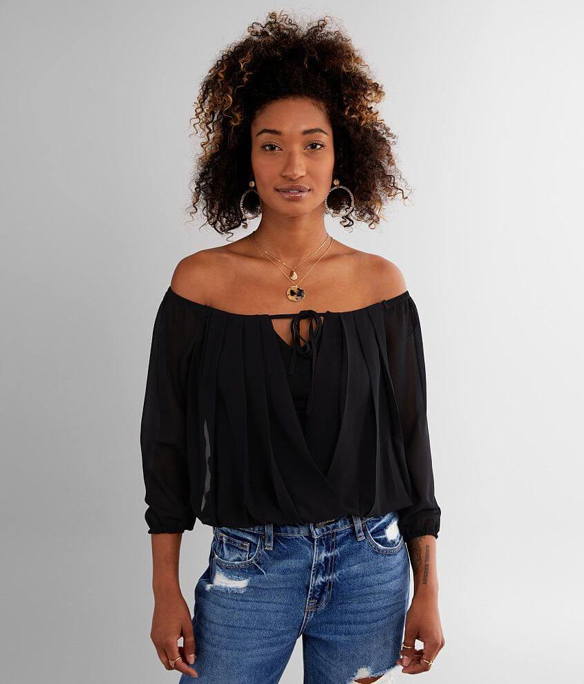 FAVLUX Off The Shoulder Pleated Chiffon Top front view