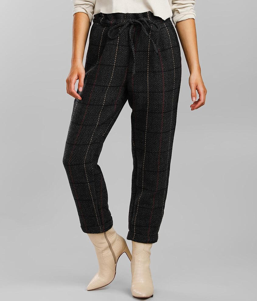 Hyfve Plaid Herringbone Taper Paperbag Pant Women's Pants in Black