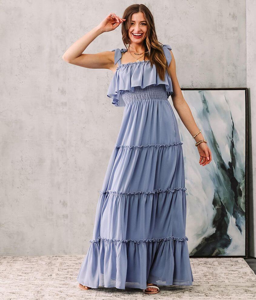 onetheland Chiffon Tiered Ruffle Maxi Dress front view